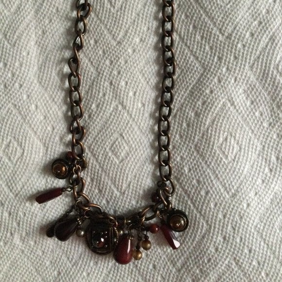 Women's necklace copper button red beads metal chain 17" likely vintage - Picture 1 of 4